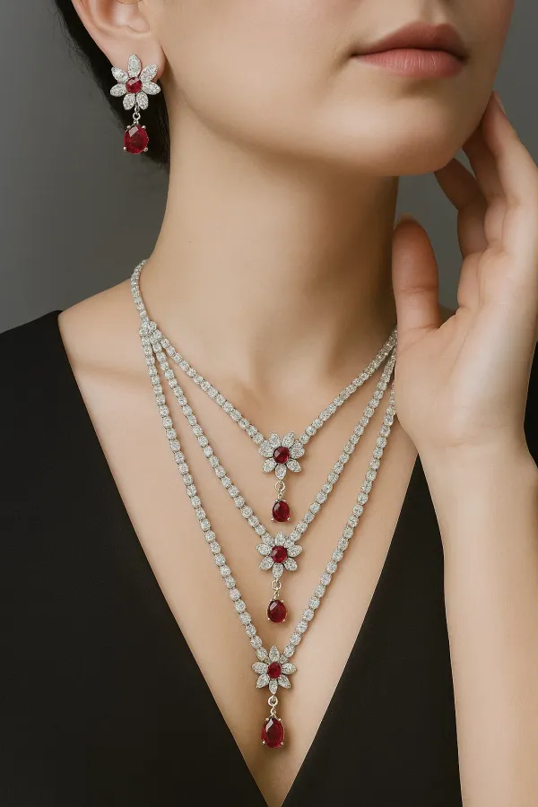 Silver_Plated_Red_Three_Layer_American_Diamond_Set_With_Earrings_For_Women