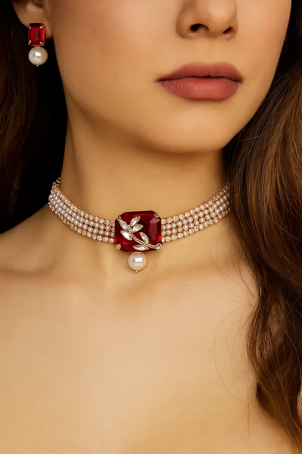 Rose_Gold_Platted_Red_Single_Crystal_Diamond_And_Pearl_Set_With_Earrings_For_Women