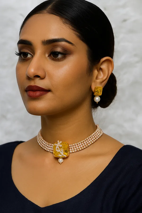 Rose_Gold_Platted_Yellow_Single_Crystal_Diamond_And_Pearl_Set_With_Earrings_For_Women