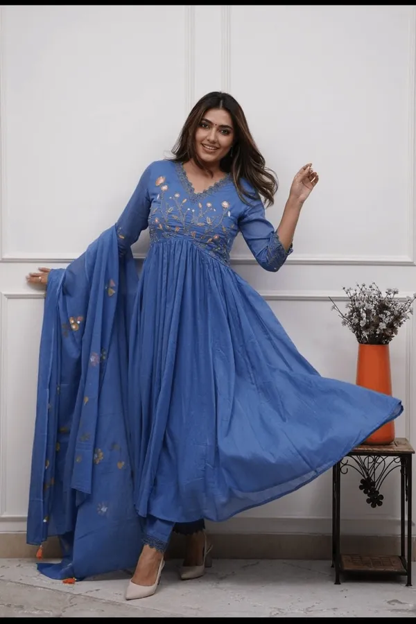 Navy_Cotton_Neck_Embroidery_Kurta_Pant_&_Dupatta_Set