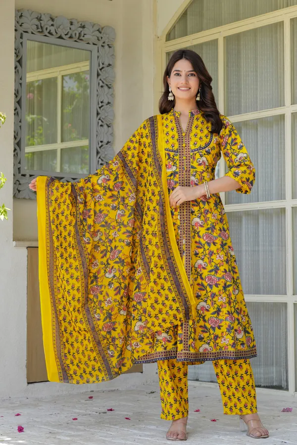 Yellow_Flower_Printed_Three_Piece_Suit