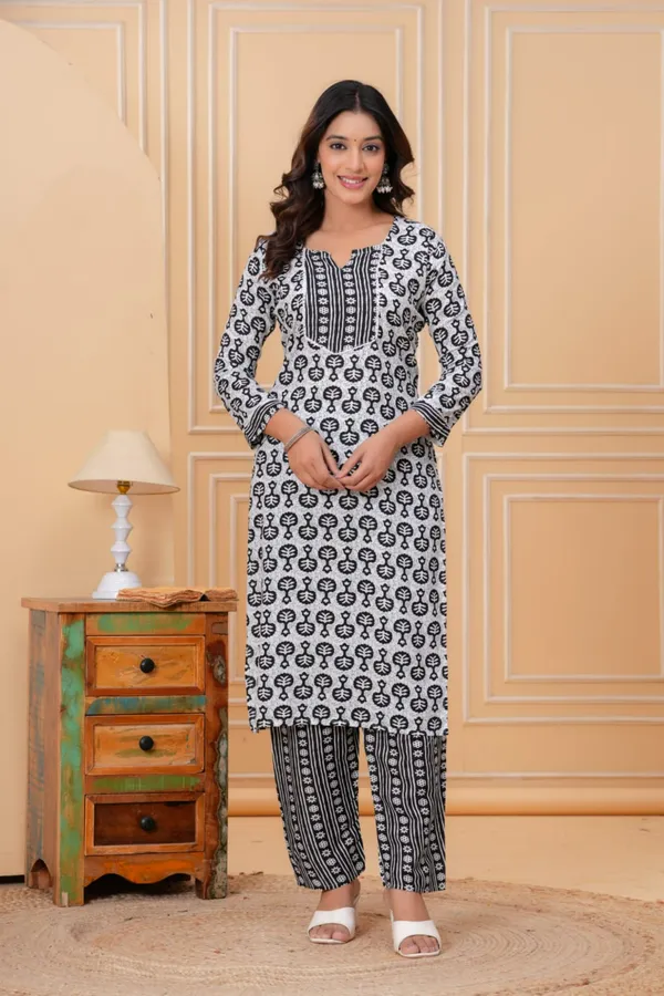 Black_&_White_Cotton_Tribal_Block_Kurta_Set