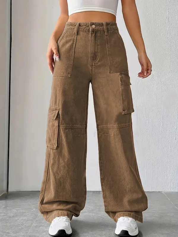 Brown_Straight_Fit_Brown_Cargo_Jeans_For_Woman