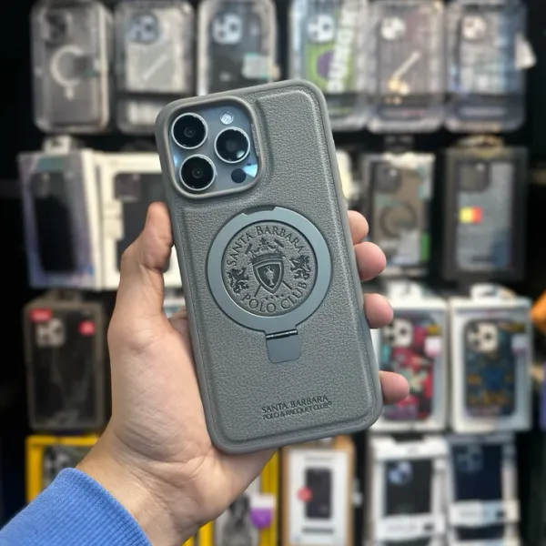 Grey_Treemoda_Leather_Case_With_Round_Metal_Grip_Supports_Wireless_Charging_Stylish_Full_Protection