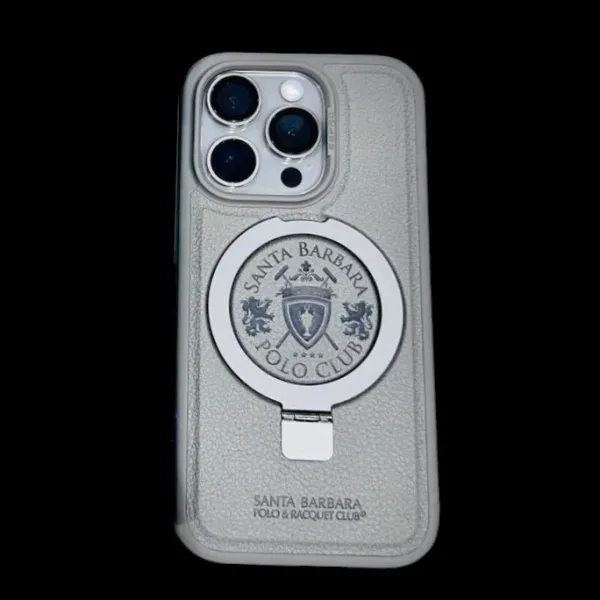Grey_Treemoda_Leather_Case_With_Round_Metal_Grip_Supports_Wireless_Charging_Stylish_Full_Protection
