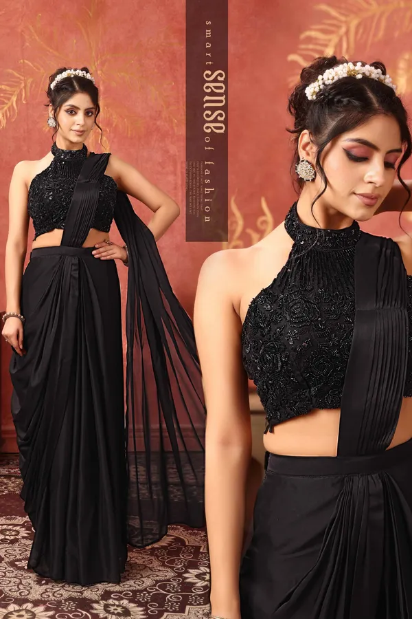 Black_Hand_Work_Embellished_Halter_Neck_Crop_Top_With_Draped_Saree