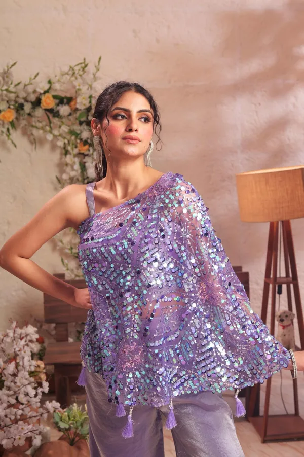 Purple_Sequined_One_Shoulder_Cape_Top_With_Tassel_Details_Party_Wear