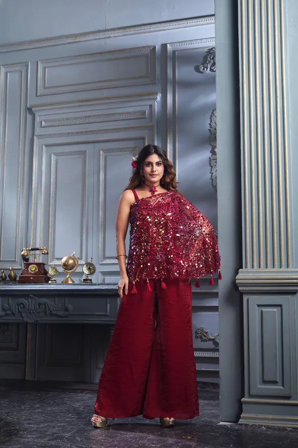 Red_Sequin_Embellished_Party_Wear_Coord_Set_With_Palazzo_Pants