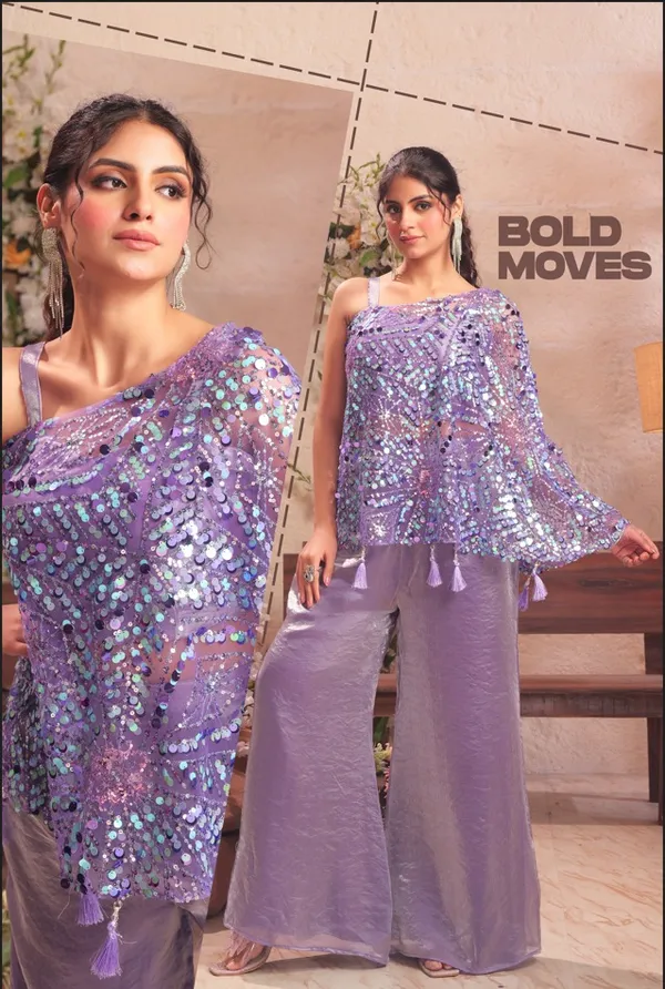 Purple_Sequined_One_Shoulder_Cape_Top_With_Tassel_Details_Party_Wear