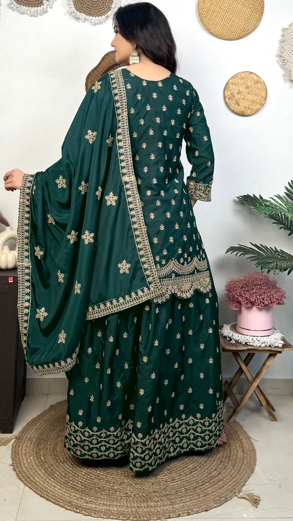 Dark_Green_Embroidered_Georgette_Sharara_Suit_Set_With_Dupatta
