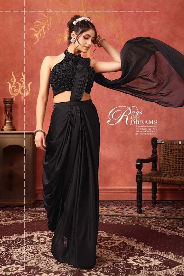 Black_Hand_Work_Embellished_Halter_Neck_Crop_Top_With_Draped_Saree