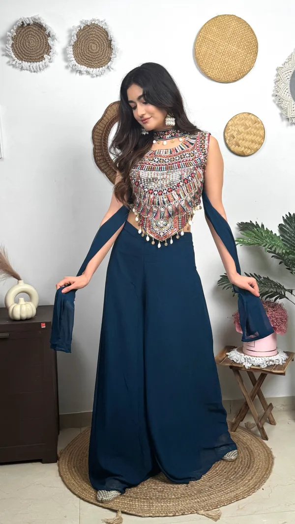 Teal_Blue_Lehenga_Choli_With_Embellished_Bib_Neckpiece