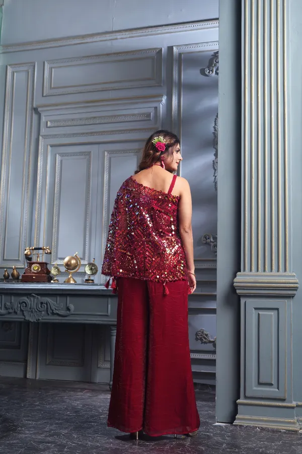 Red_Sequin_Embellished_Party_Wear_Coord_Set_With_Palazzo_Pants
