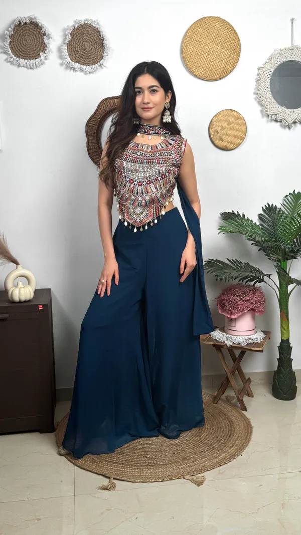 Teal_Blue_Lehenga_Choli_With_Embellished_Bib_Neckpiece