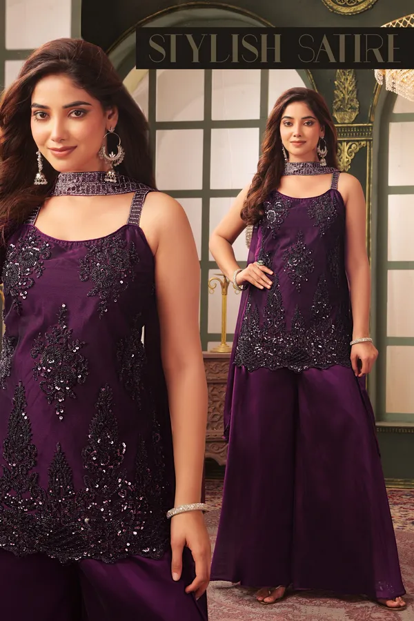 Dark_Purple_Embellished_Gharara_Suit_Set_With_Choker_Neckline