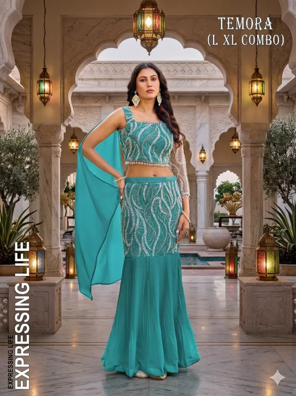 Dark_Teal_Embroidered_Fish_Cut_Choli_Set_Temora_Collection