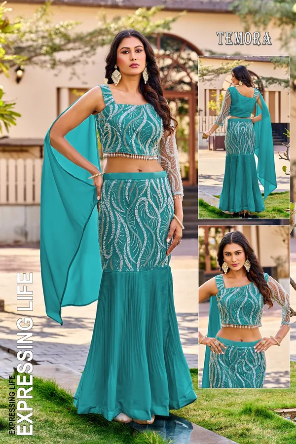 Dark_Teal_Embroidered_Fish_Cut_Choli_Set_Temora_Collection