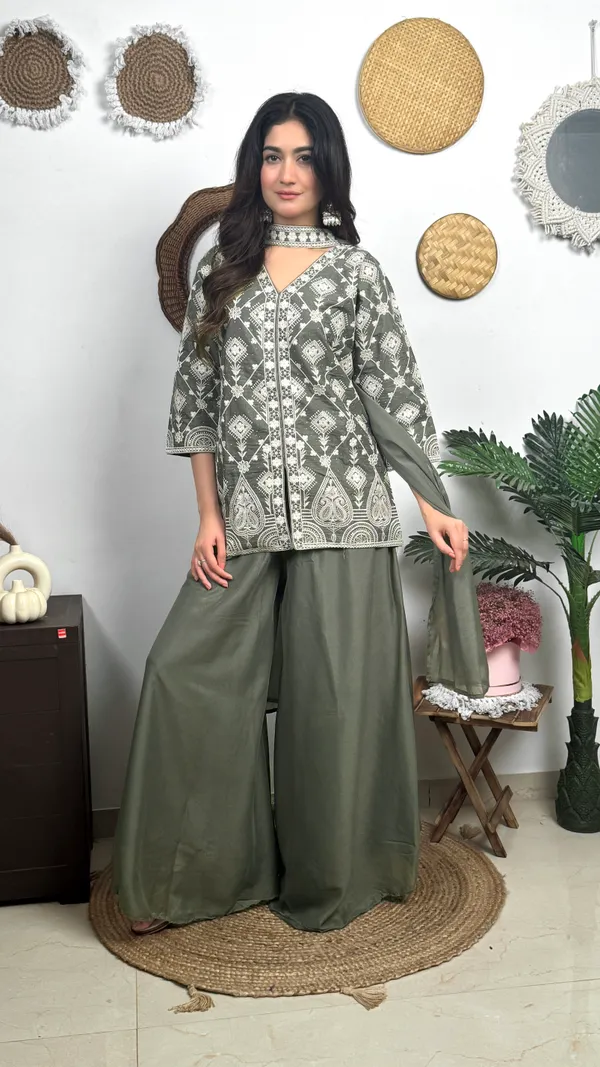 Olive_Green_Printed_Ethnic_Kurti_Palazzo_Set_With_Dupatta