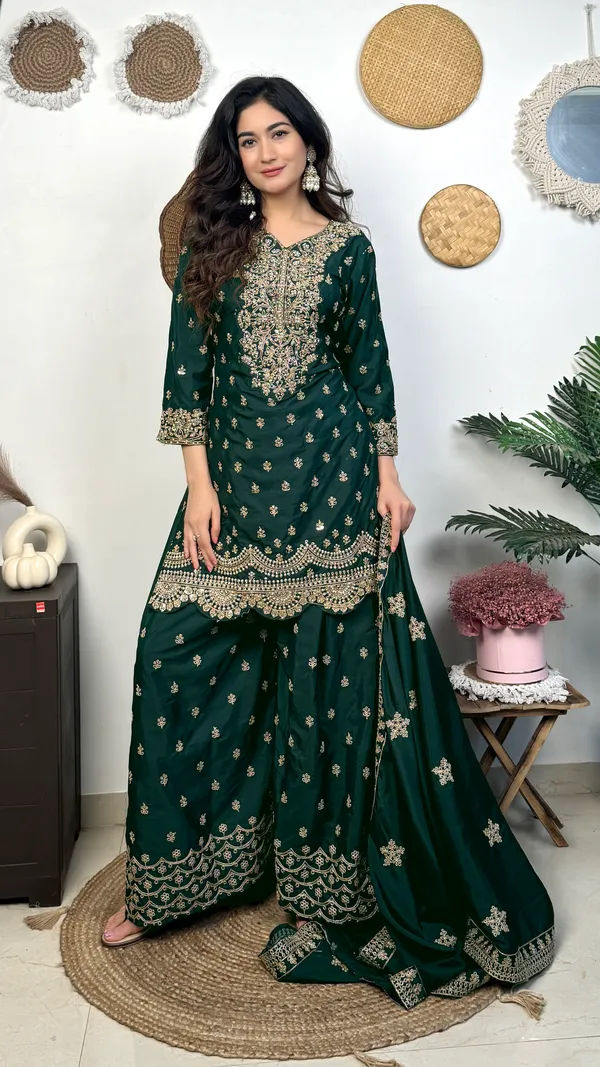 Dark_Green_Embroidered_Georgette_Sharara_Suit_Set_With_Dupatta
