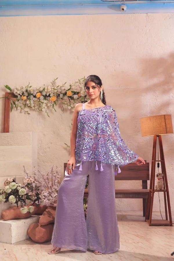 Purple_Sequined_One_Shoulder_Cape_Top_With_Tassel_Details_Party_Wear