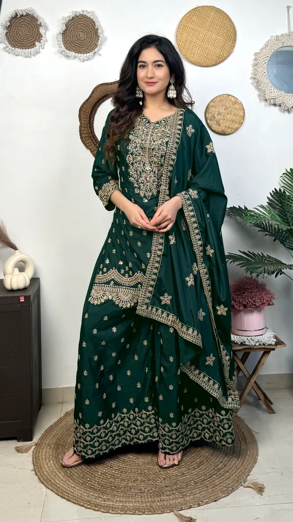 Dark_Green_Embroidered_Georgette_Sharara_Suit_Set_With_Dupatta