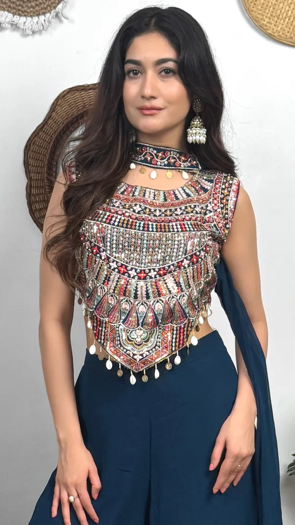 Teal_Blue_Lehenga_Choli_With_Embellished_Bib_Neckpiece