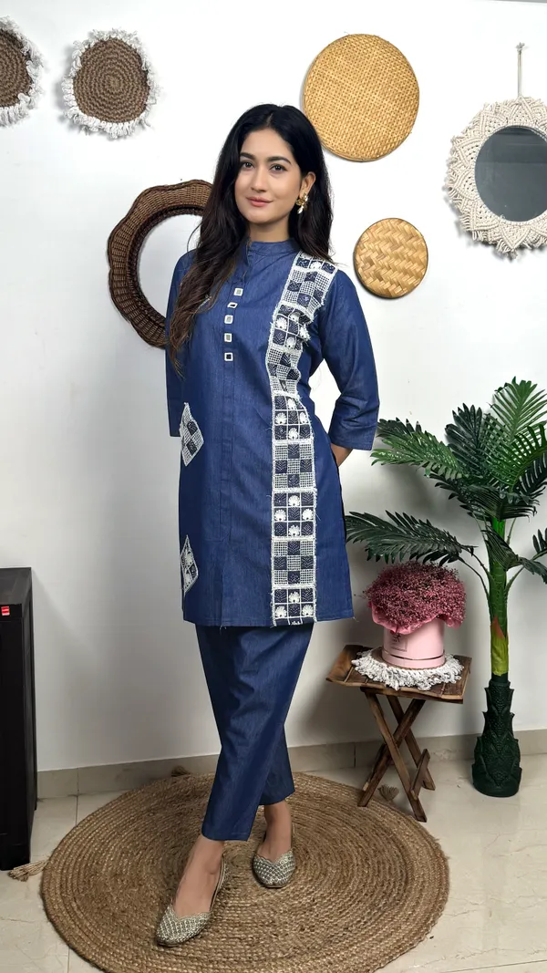 Blue_Denim_Coord_Set_With_Checkered_Print_Detailing
