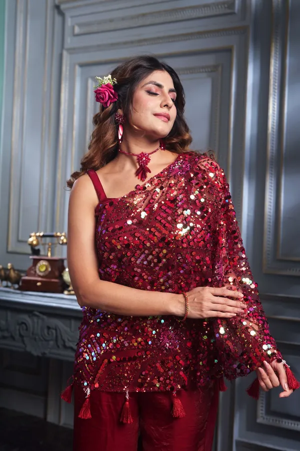 Red_Sequin_Embellished_Party_Wear_Coord_Set_With_Palazzo_Pants