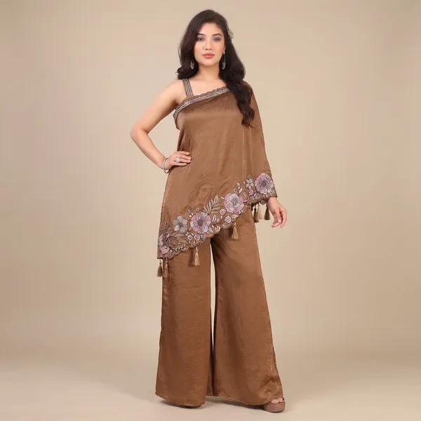 Coffee_Embroidered_Saree_Style_Coord_Set_With_Tassel_Details