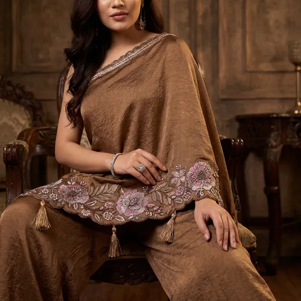 Coffee_Embroidered_Saree_Style_Coord_Set_With_Tassel_Details