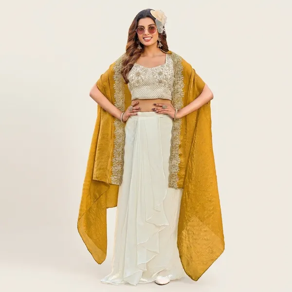 Yellow_Cream_And_White_Ethnic_Lehenga_Set_With_Embellished_Cape