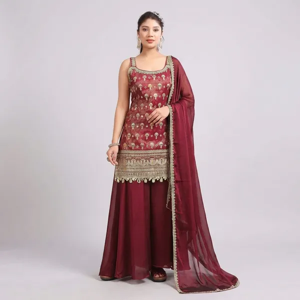 Maroon_Embroidered_Sharara_Suit_Set_With_Dupatta_Traditional_Indian_Ethnic_Wear