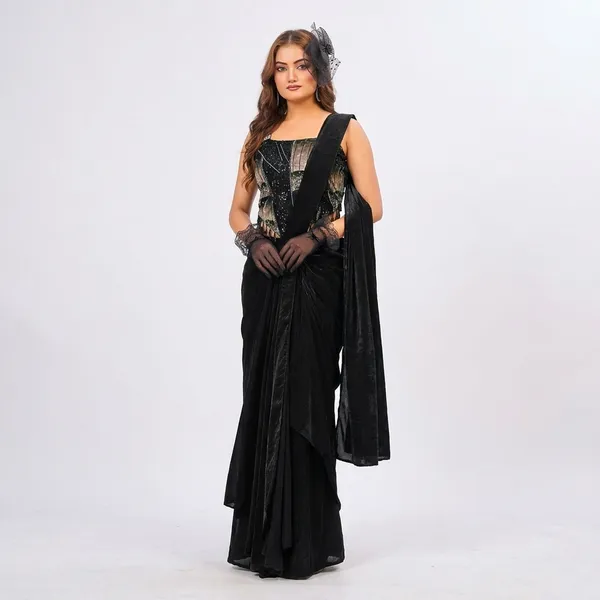 Black_Embellished_Velvet_Saree_With_Corset_Blouse