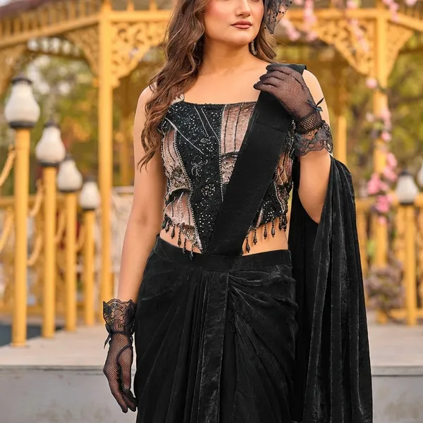 Black_Velvet_Saree_With_Embellished_Blouse
