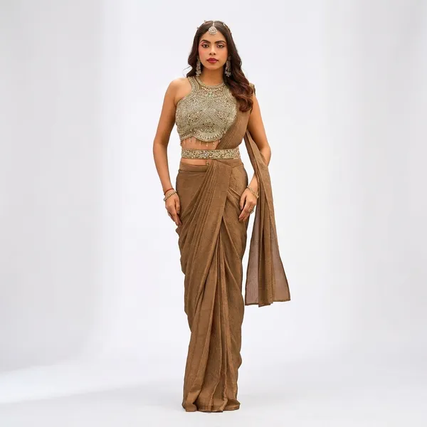 Brown_Pre_Stitched_Saree_With_Embellished_Crop_Top_And_Belt