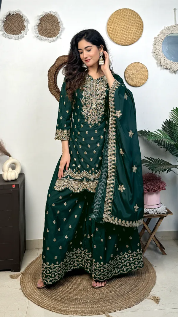 Dark_Green_Embroidered_Georgette_Sharara_Suit_Set_With_Dupatta