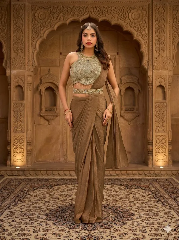 Brown_Pre_Stitched_Saree_With_Embellished_Crop_Top_And_Belt