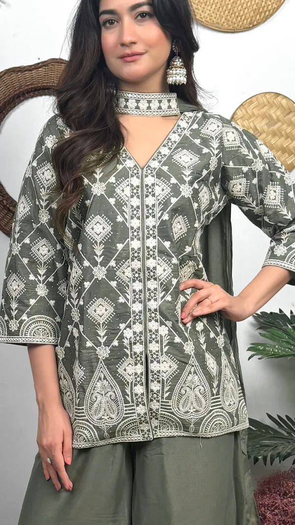 Olive_Green_Printed_Ethnic_Kurti_Palazzo_Set_With_Dupatta