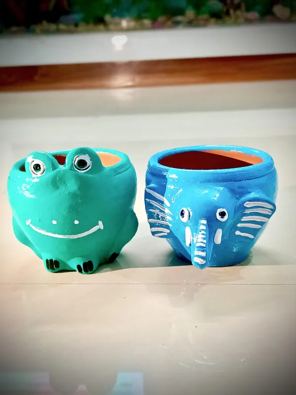 Green_And_Blue_Cute_Animal_Face_Mini_Planters_Frog_&_Elephant_Design_Handcrafted_Pots_For_Succulents_Indoor_Plants_&_Gifting_(Set_Of_2_)