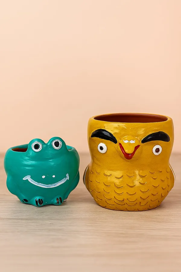 Green_And_Blue_Handcrafted_Animal_Planter_Set_Owl_&_Frog_Design_Cute_Miniature_Pots_For_Succulents_Cactus_Desk_&_Home_Décor_(Set_Of_2)