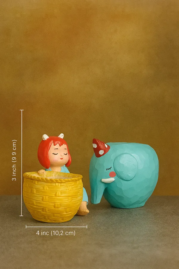 Sky_Blue_&_Yellow_&_Red_Adorable_Resin_Planter_Set_Girl_With_Basket_Pot_&_Elephant_Planter_Cute_Decorative_Pots_For_Kids_Room,_Desk_&_Gifting