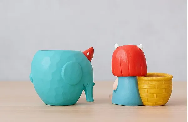 Sky_Blue_&_Yellow_&_Red_Adorable_Resin_Planter_Set_Girl_With_Basket_Pot_&_Elephant_Planter_Cute_Decorative_Pots_For_Kids_Room,_Desk_&_Gifting