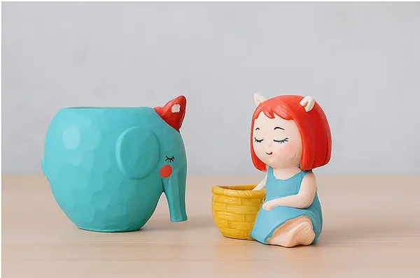 Sky_Blue_&_Yellow_&_Red_Adorable_Resin_Planter_Set_Girl_With_Basket_Pot_&_Elephant_Planter_Cute_Decorative_Pots_For_Kids_Room,_Desk_&_Gifting