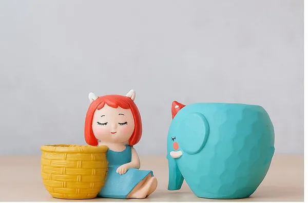 Sky_Blue_&_Yellow_&_Red_Adorable_Resin_Planter_Set_Girl_With_Basket_Pot_&_Elephant_Planter_Cute_Decorative_Pots_For_Kids_Room,_Desk_&_Gifting