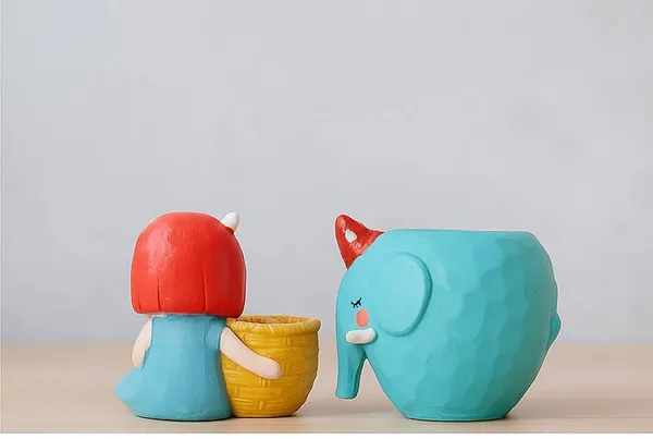 Sky_Blue_&_Yellow_&_Red_Adorable_Resin_Planter_Set_Girl_With_Basket_Pot_&_Elephant_Planter_Cute_Decorative_Pots_For_Kids_Room,_Desk_&_Gifting