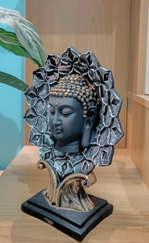 Black_And_Golden_Buddha_Head_Showpiece_With_Flower_Design
