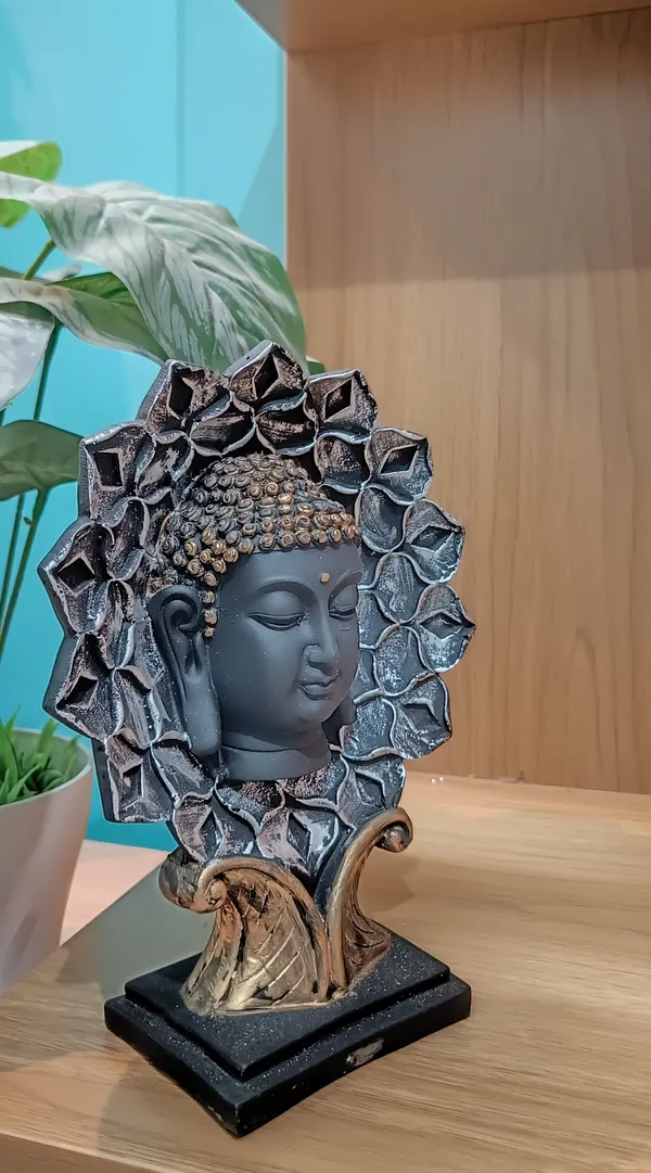 Black_And_Golden_Buddha_Head_Showpiece_With_Flower_Design