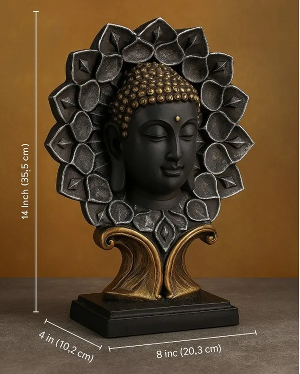 Black_And_Golden_Buddha_Head_Showpiece_With_Flower_Design
