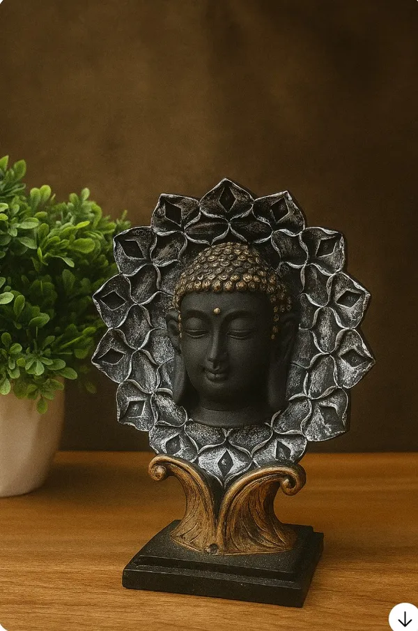 Black_And_Golden_Buddha_Head_Showpiece_With_Flower_Design