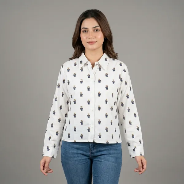 White_And_Green_Cotton_Printed_Cotton_Shirt_For_Women